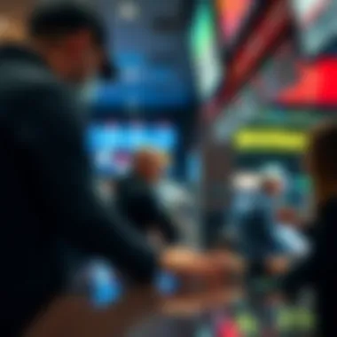 Customers engaging with staff at a retail sportsbook counter
