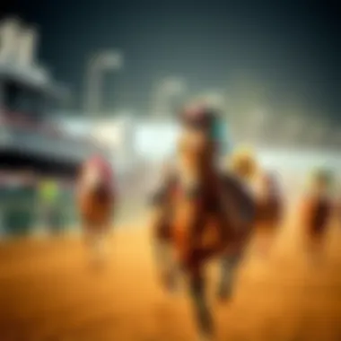 Close-up of a thoroughbred racehorse charging down the track.