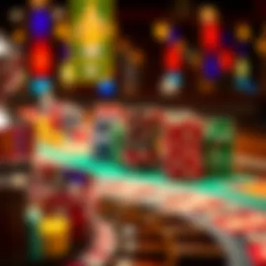 Close-up of colorful chips on a roulette table