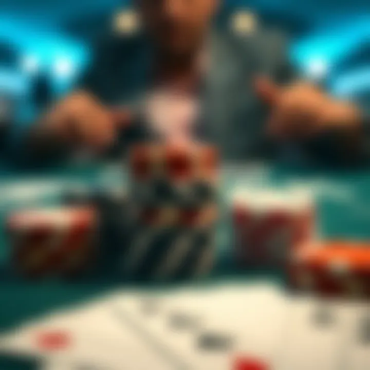 A close-up view of poker chips and cards, emphasizing the psychological tension at the table.