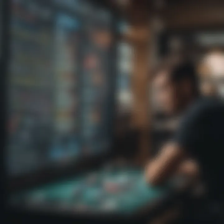 Player analyzing statistics on a digital screen
