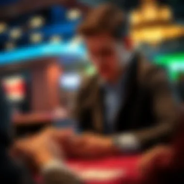 A focused poker player analyzing their cards in a high-stakes game